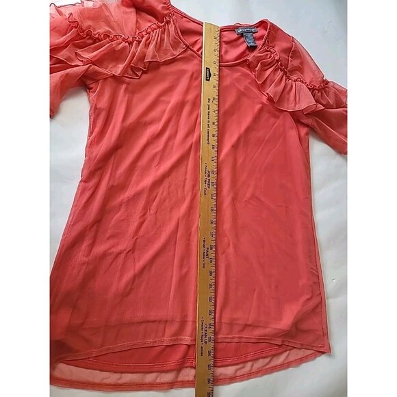 Kate Mallory Blouse Sz L Orange Romantic Peasant Sheer Ruffle Short Sleeves - Picture 6 of 12